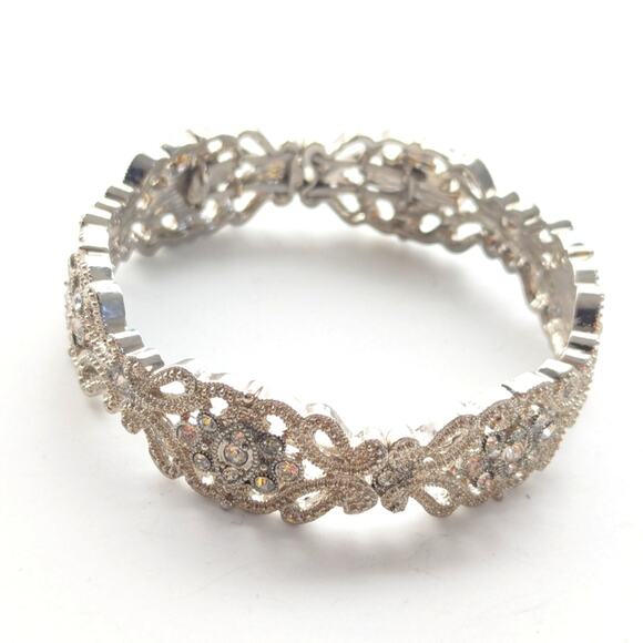 Silver Tone Ornate Regal Scrolling Rhinestone Stretch Cuff Evening Bracelet - Picture 4 of 4